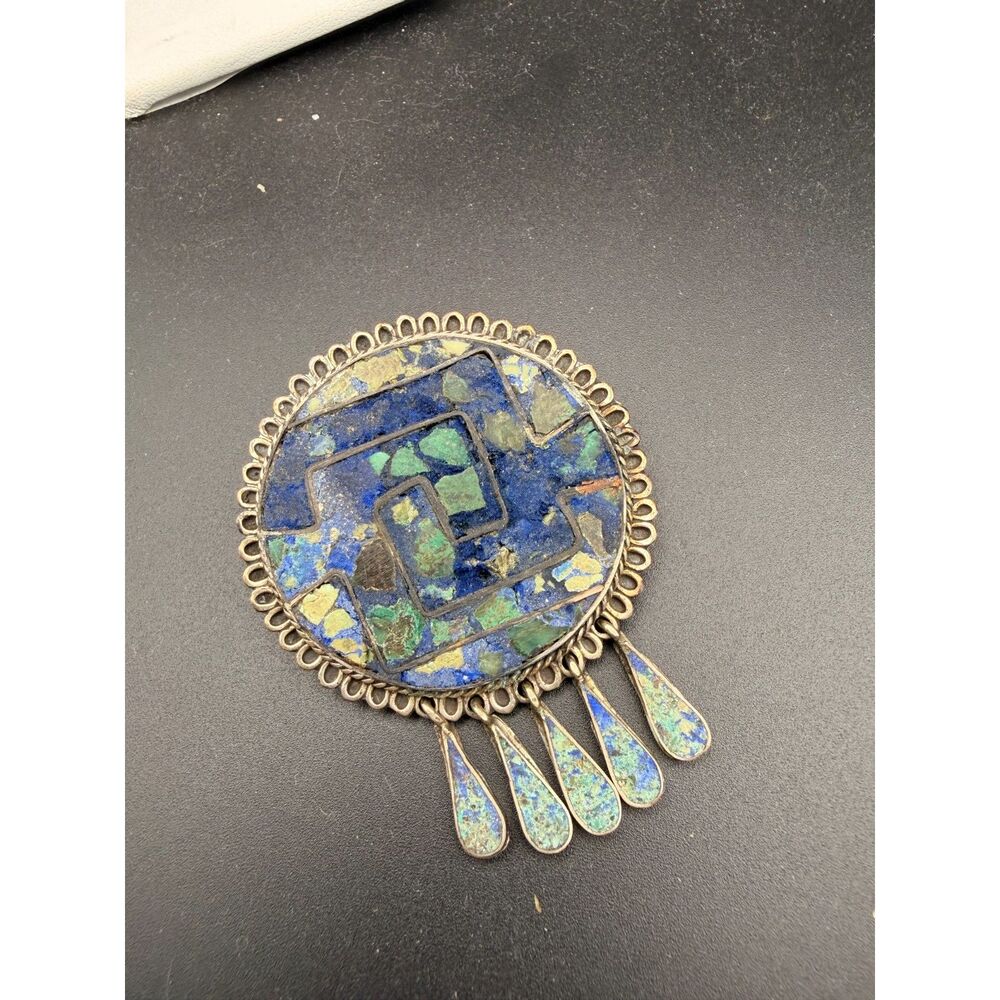 Vintage Sterling Silver Dangle Pendant - Raw Lapis and Turquoise